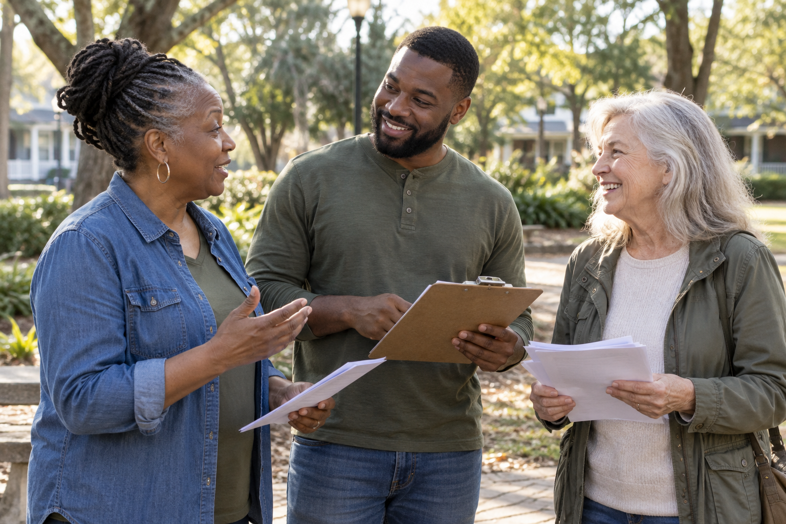 Illustration of a diverse group of adult volunteers discussing materials outdoors